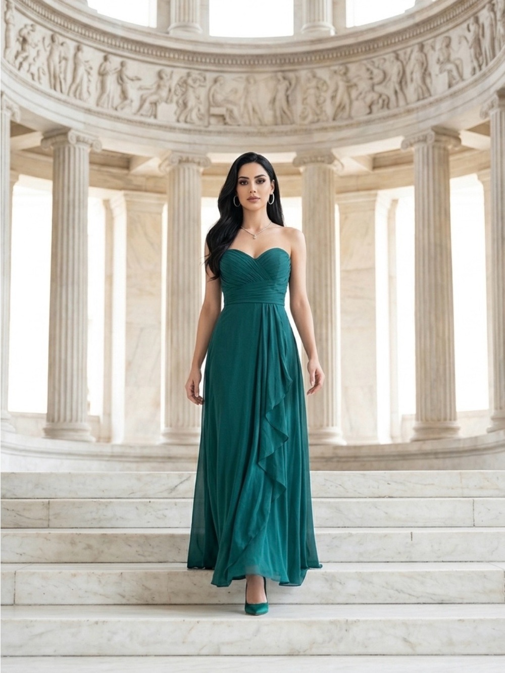 Azazie Yazmin Strapless Chiffon Maxi Dress - Dark Emerald Green/Size 0A